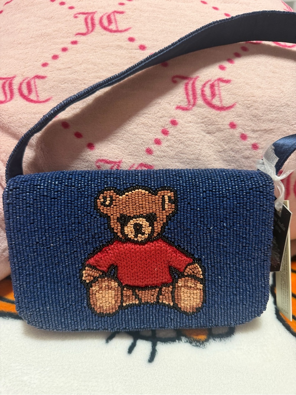 Beaded Teddy Crossbody Bag - Blue with Red Sweater